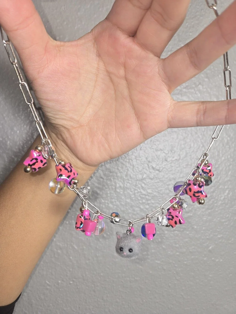 Pink Leopard Charm Necklace with Gray Cat Pendant